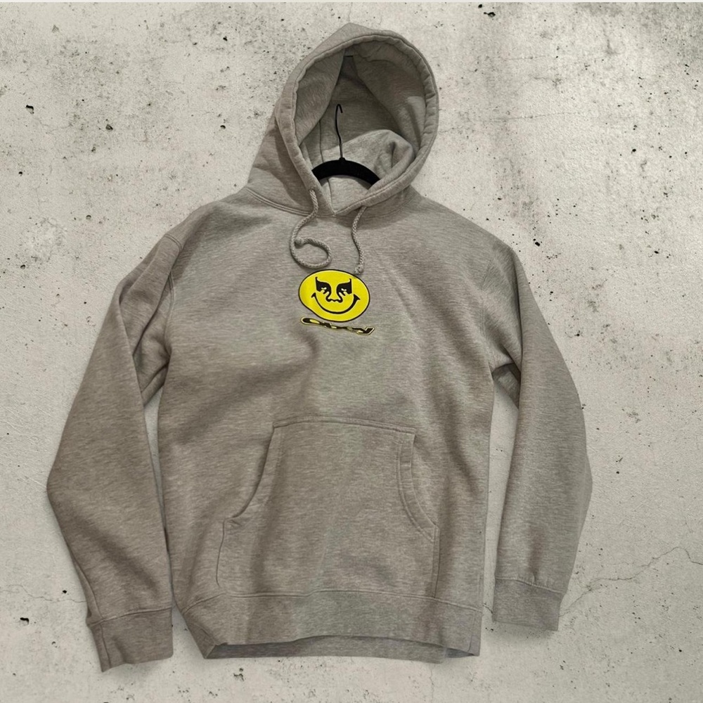 Obey Gray Hoodie with Yellow Smiley Graphic Skater